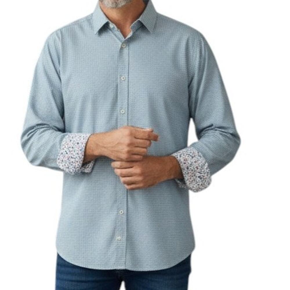 BUGATCHI Comfort Stretch Shirt Men 2X XXL Geo Print w Contrast Floral Flip Cuff